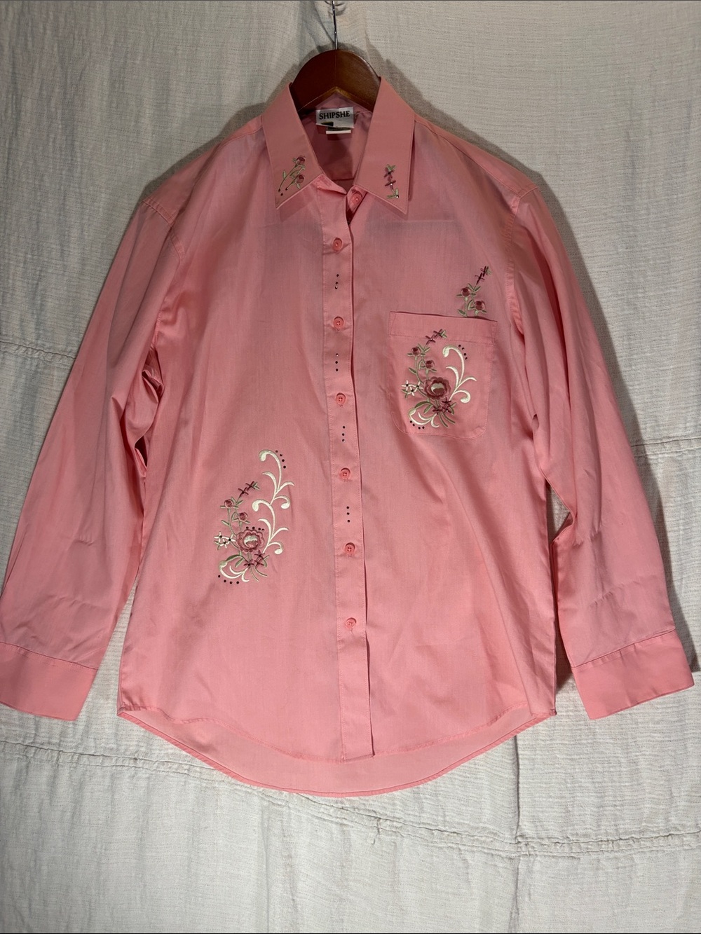 Shipshe Vintage Salmon Pink Embroidered Button Down Blouse Top Small EUC